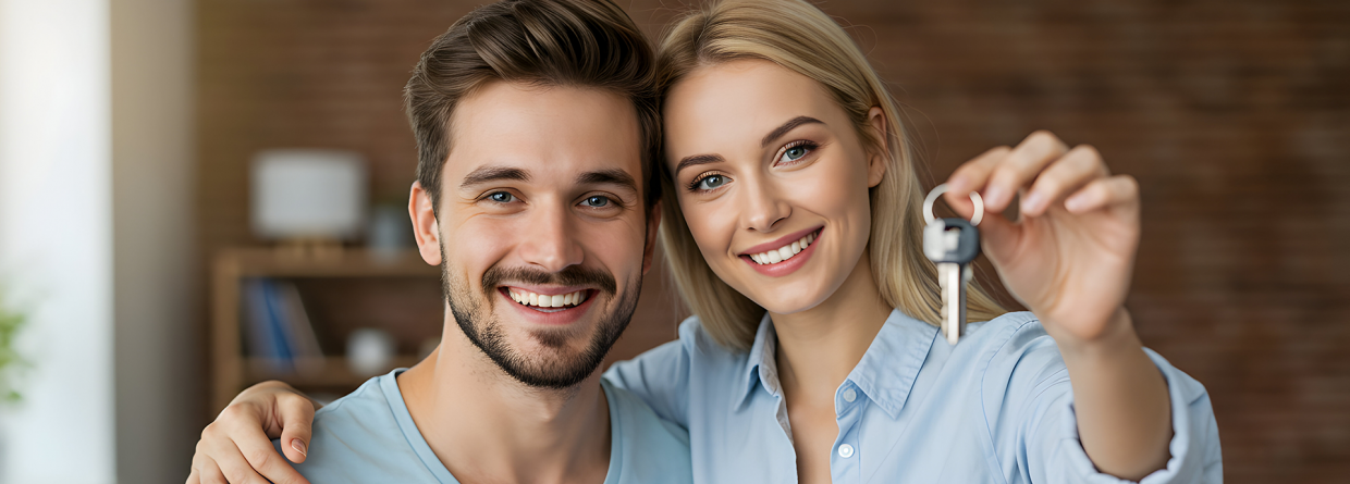 vrolijk jong stel toont de sleutels van hun nieuwe huis