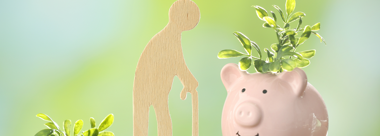 Icoontje van een oude man waar muntgeld op de grond ligt en er een spaarvarken staat met een groene tak erin